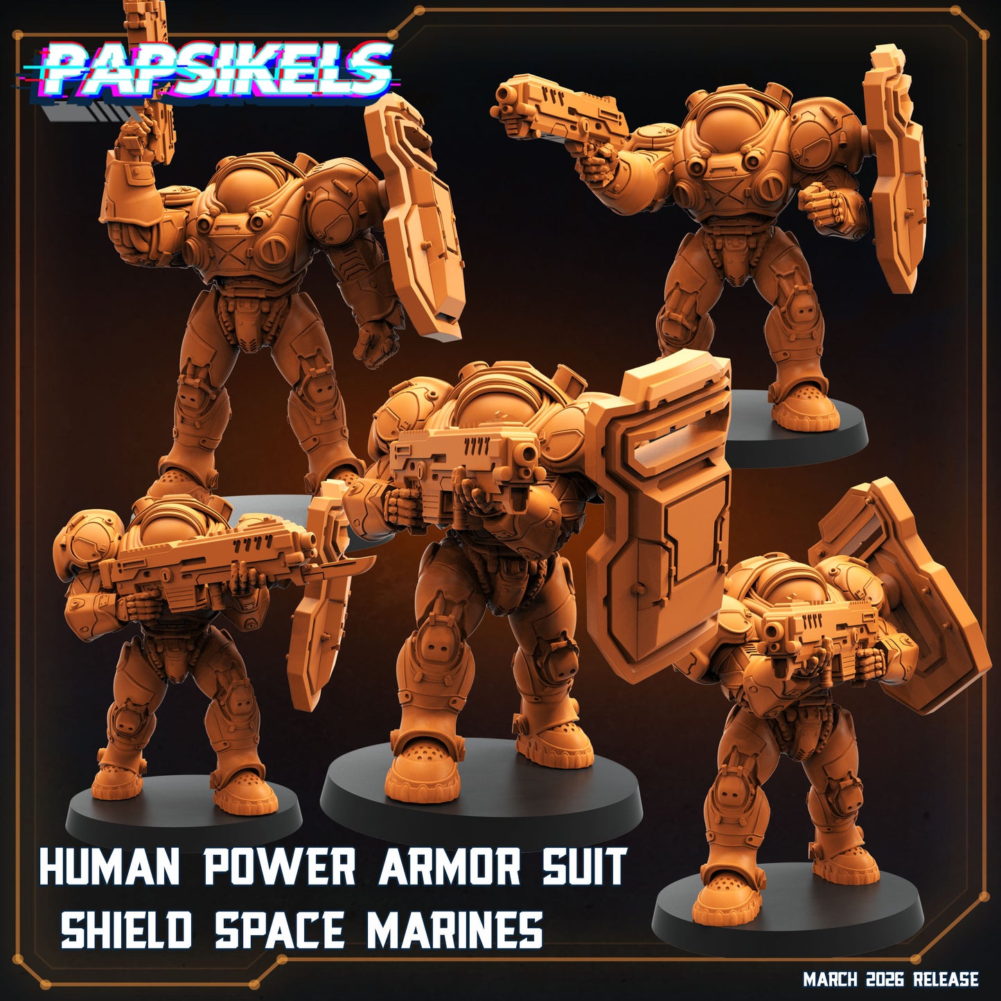 Human Colonies Rangers Power Armour with Shield | Papsikels 32mm Sci Fi Miniatures