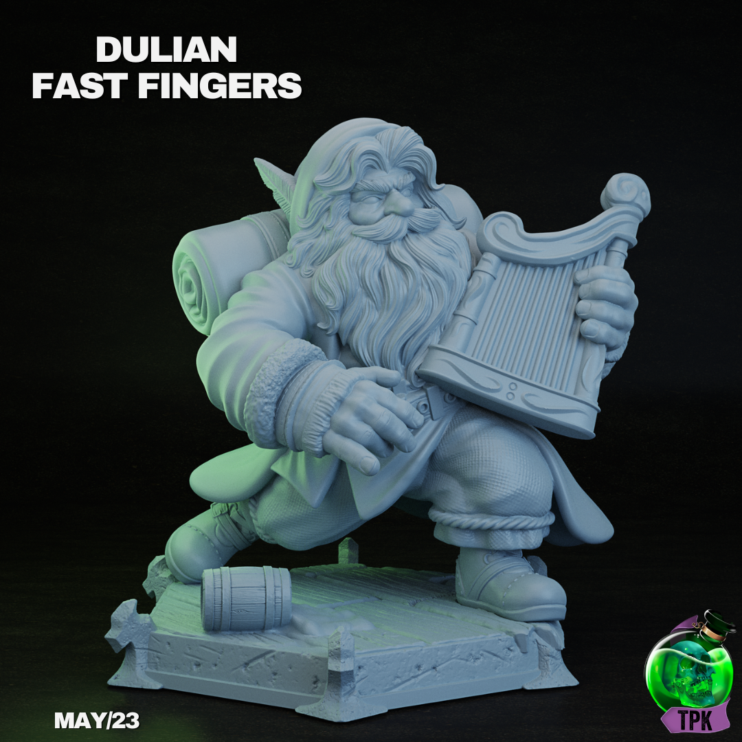 Dwarven Bard Dulian Fast Fingers | TPK Lab 32mm Fantasy Tabletop RPG Miniatures Role Playing Miniatures