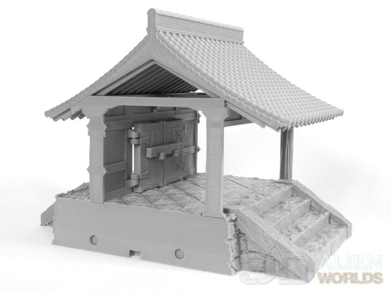 Feudal Japan Temple Walls | 3DAlienWorlds Fantasy and Historical Wargaming Terrain Doorway with Roof and Stairs Role