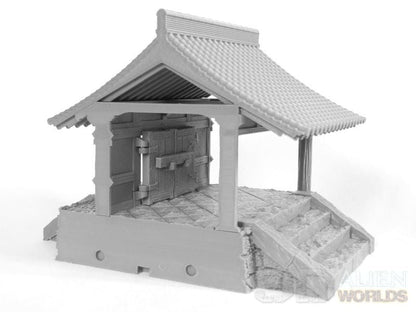 Feudal Japan Temple Walls | 3DAlienWorlds Fantasy and Historical Wargaming Terrain Doorway with Roof and Stairs Role