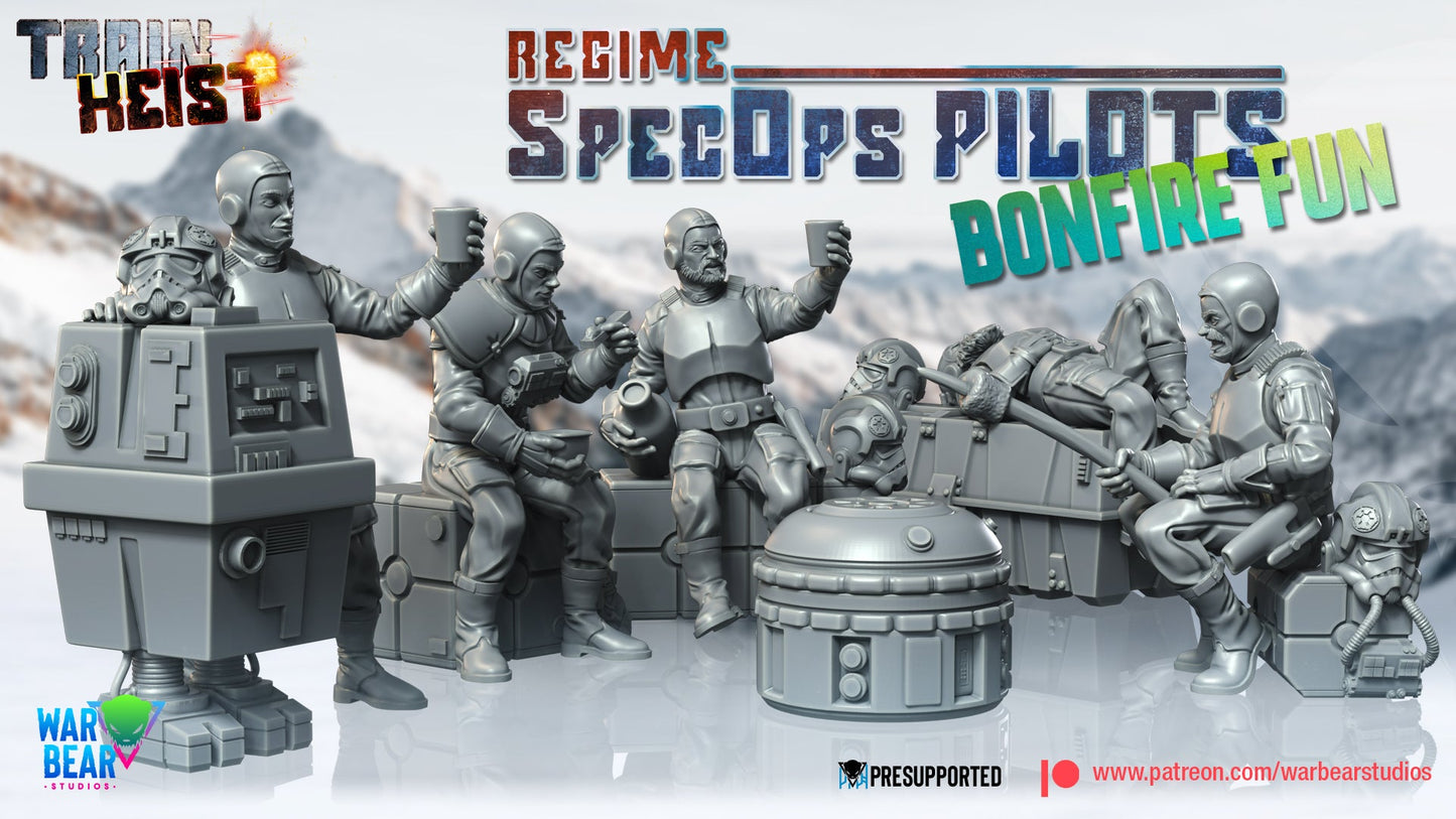 Train Heist Regime Spec Ops Pilots Bonfire Scene | Warbear Studios 28mm SciFi Wargaming Miniatures Role Playing