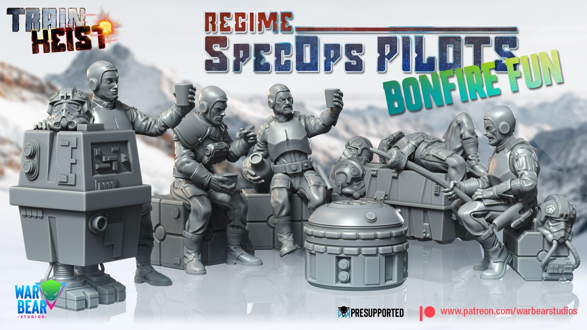 Train Heist Regime Spec Ops Pilots Bonfire Scene | Warbear Studios 28mm SciFi Wargaming Miniatures Role Playing