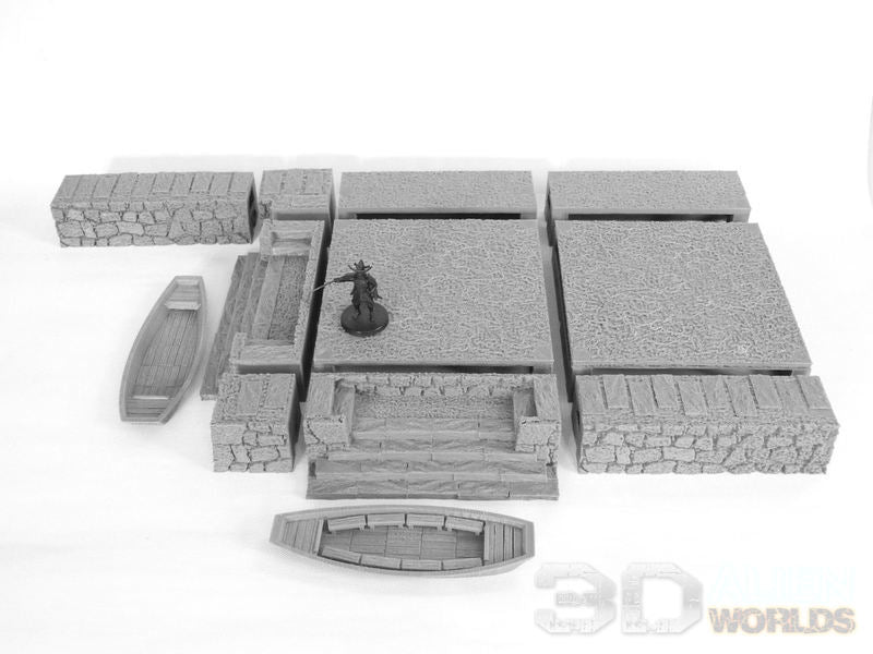 Feudal Japan Modular Canal | 3DAlienWorlds Fantasy and Historical Wargaming Terrain Preset Corner Dock Role Playing