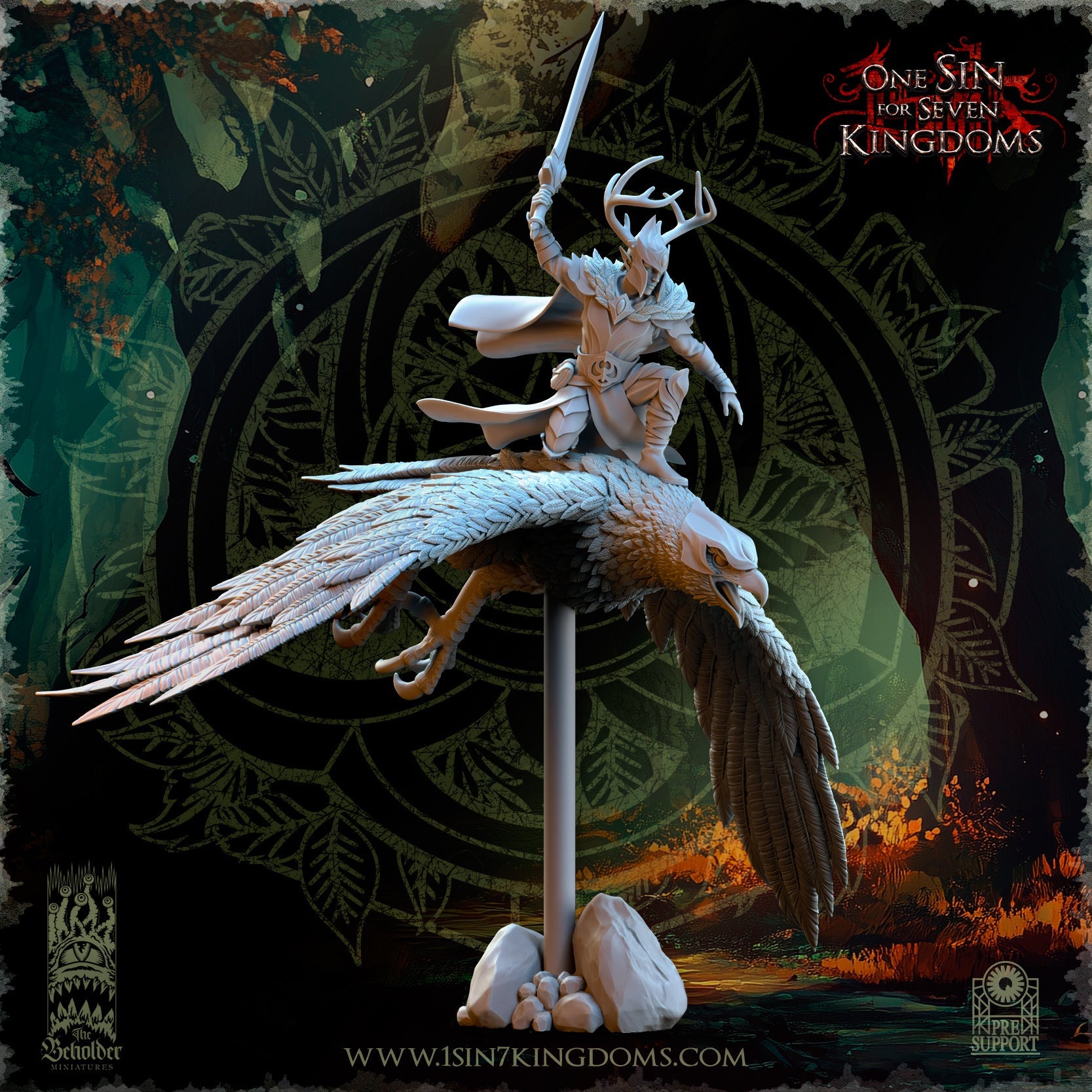 Faelar Evergreen Elves Commander on Eagle | The Beholder Miniatures 28/32mm Fantasy Wargaming Miniatures