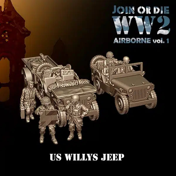 AIRBORNE VOL 1 US AIRBORNE Willys Jeep with Trailer | 3D Breed 28mm WW2 Wargaming Miniatures