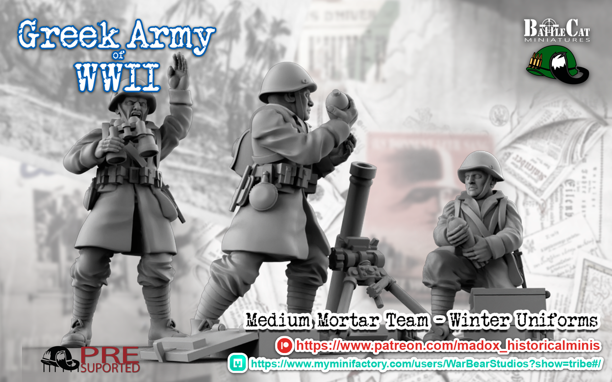 WW2 Greek Greatcoat Medium Mortar Teams | Battlecat 28mm Historical Wargaming Miniatures Role Playing Miniatures