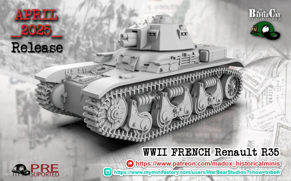 WW2 French Renault R35 Tank | Battlecat 28mm Historical Wargaming Miniatures Closed Hatch Role Playing Miniatures