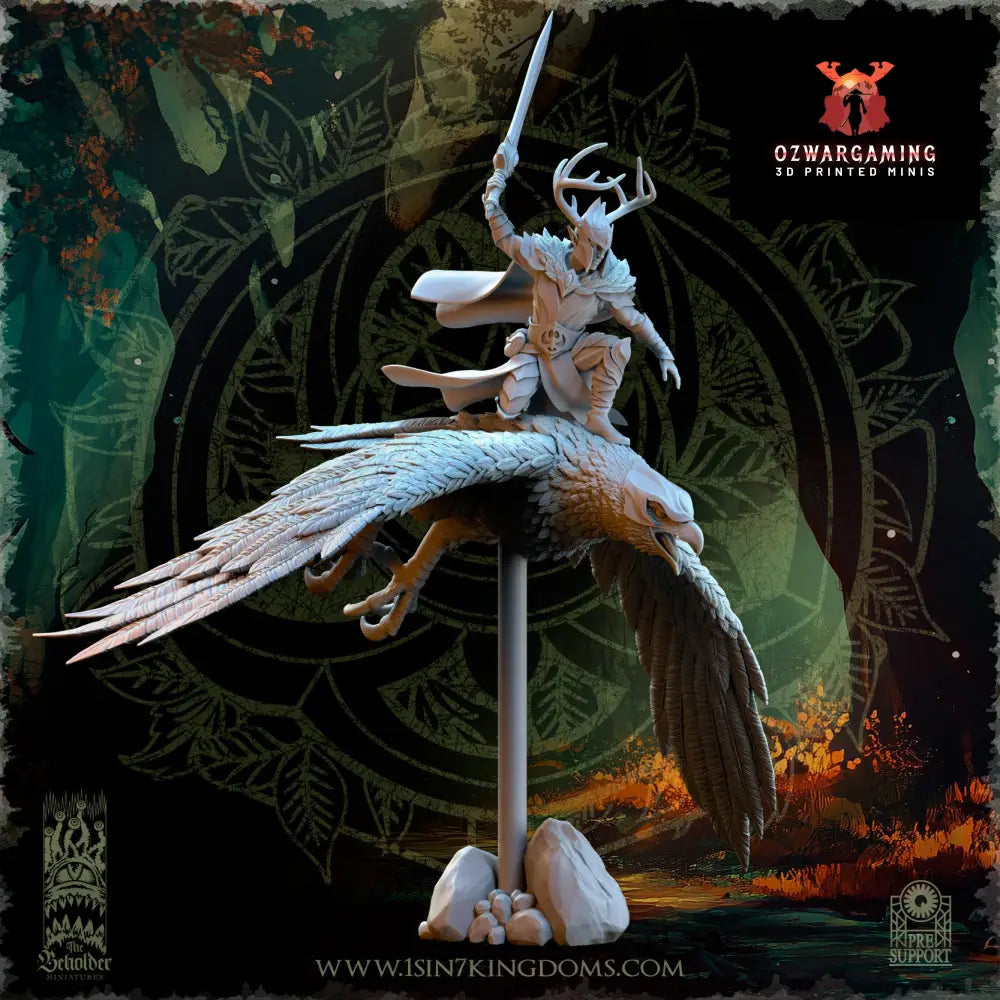 Faelar Evergreen Elves Commander on Eagle | The Beholder Miniatures 28/32mm Fantasy Wargaming Miniatures