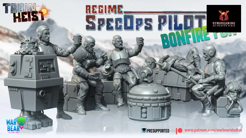 Train Heist Regime Spec Ops Pilots Bonfire Scene | Warbear Studios 28mm SciFi Wargaming Miniatures Role Playing