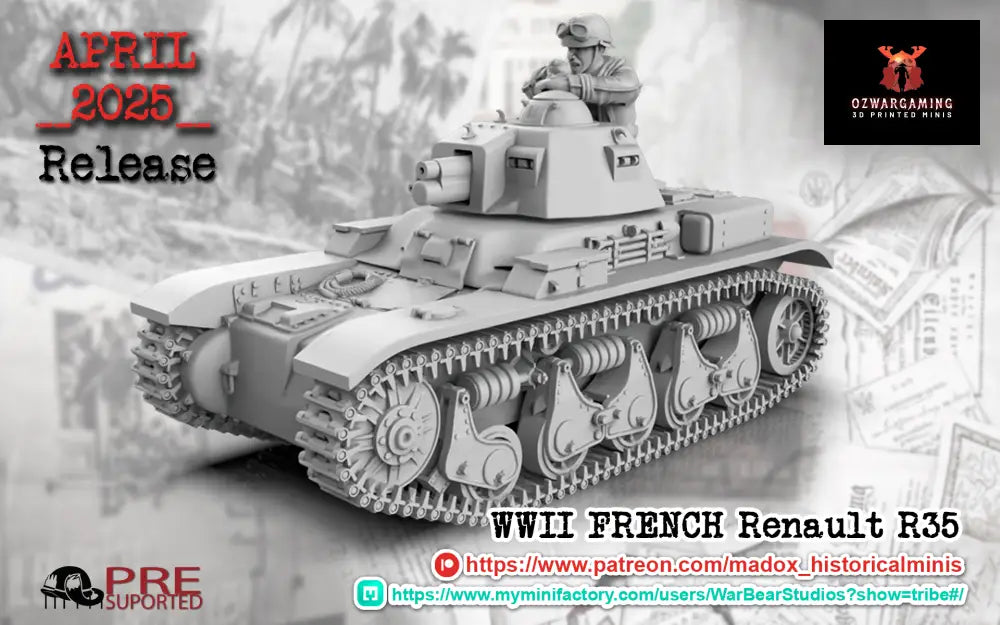 WW2 French Renault R35 Tank | Battlecat 28mm Historical Wargaming Miniatures Tank Commander Role Playing Miniatures